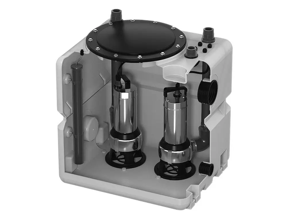 Hebeanlage mit zwei Tauchpumpen in einem rechteckigen Behälter, ausgestattet mit verschiedenen Anschlüssen. Produkt der Marke Grundfos.