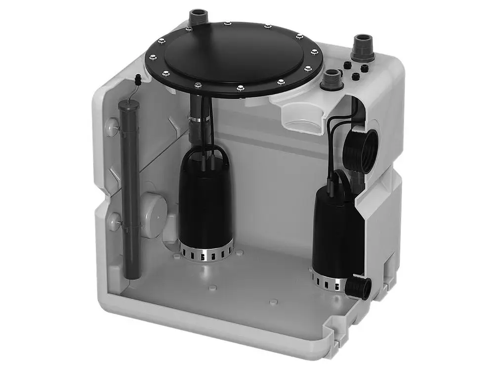 Schneidbare Hebeanlage mit zwei Pumpen im Innenleben und einem Deckel, hergestellt von Grundfos. Der Behälter ist für die Abwasserentsorgung konzipiert.