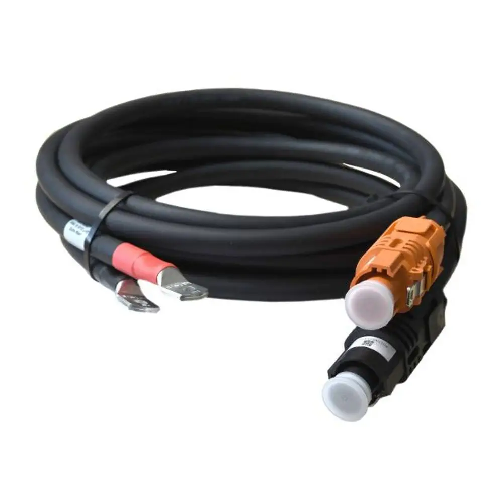 Schwarzes Kabel mit zwei Anschlussenden, einem orangefarbenen Stecker und zwei flachen Kontaktzungen. Hergestellt von HIS.