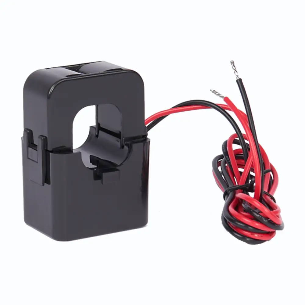 Schwarzer Stromsensor mit zwei Kabeln, rot und schwarz, zur Messung von elektrischem Strom. Das Produkt stammt von der Marke Fronius.