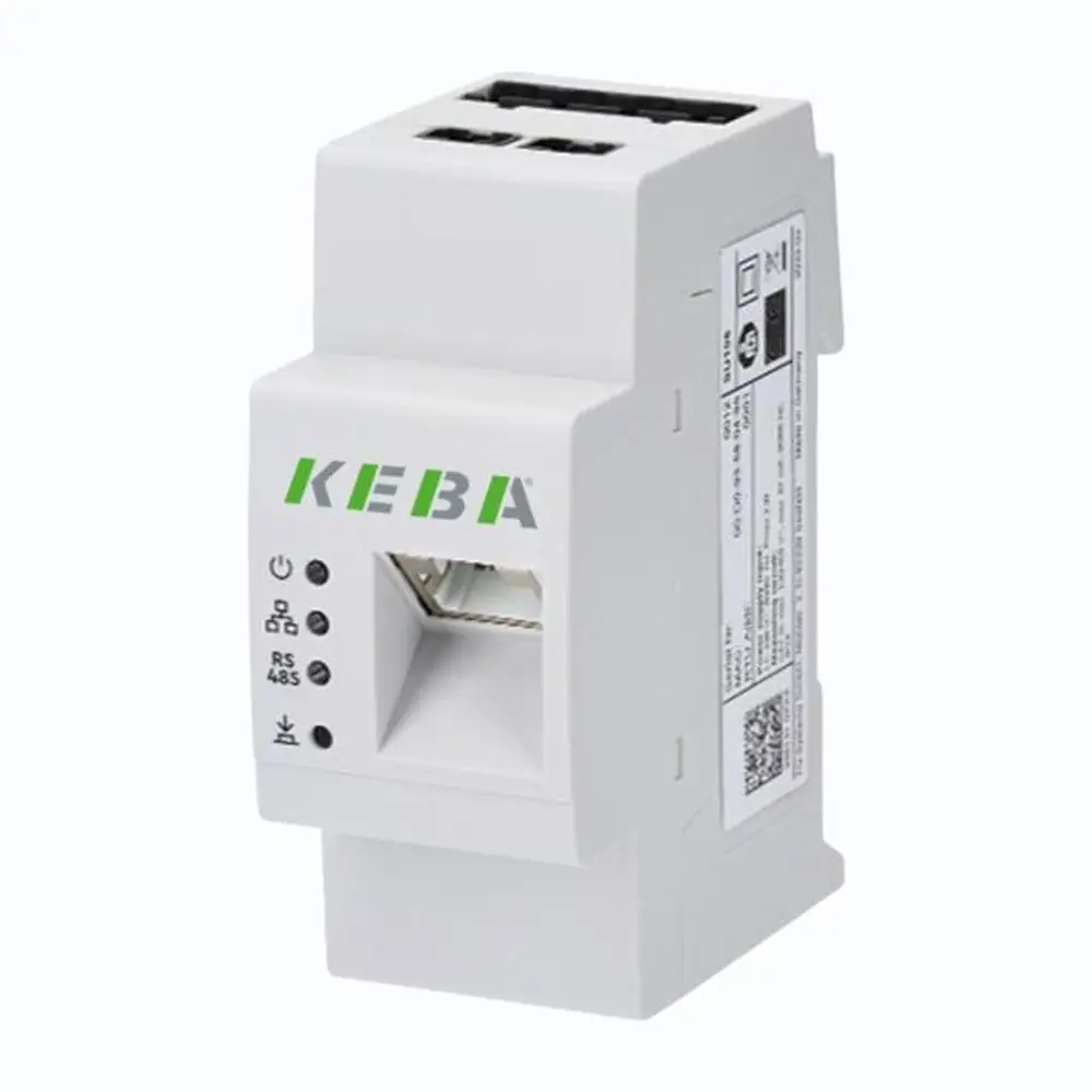 KEBA KC E10 Smart Meter — Hutschienen-Gerät in Weiß mit grünem KEBA-Logo, LED-Statusanzeigen (Power, LAN, RS485), RJ45-Anschluss, Schrägansicht