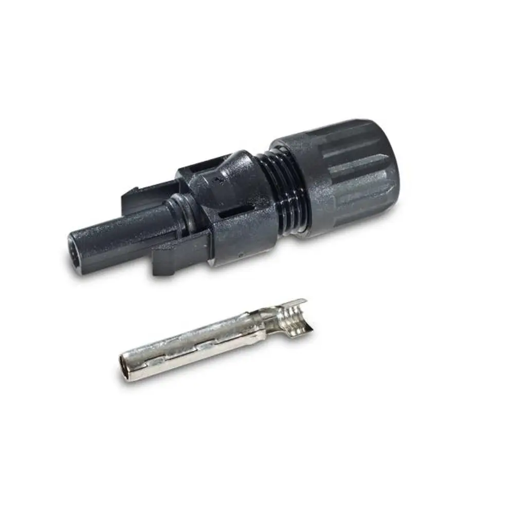 MC4-Steckverbinder von Stäubli mit Anschlussstück und metallischem Kontakt, geeignet für Solaranwendungen.
