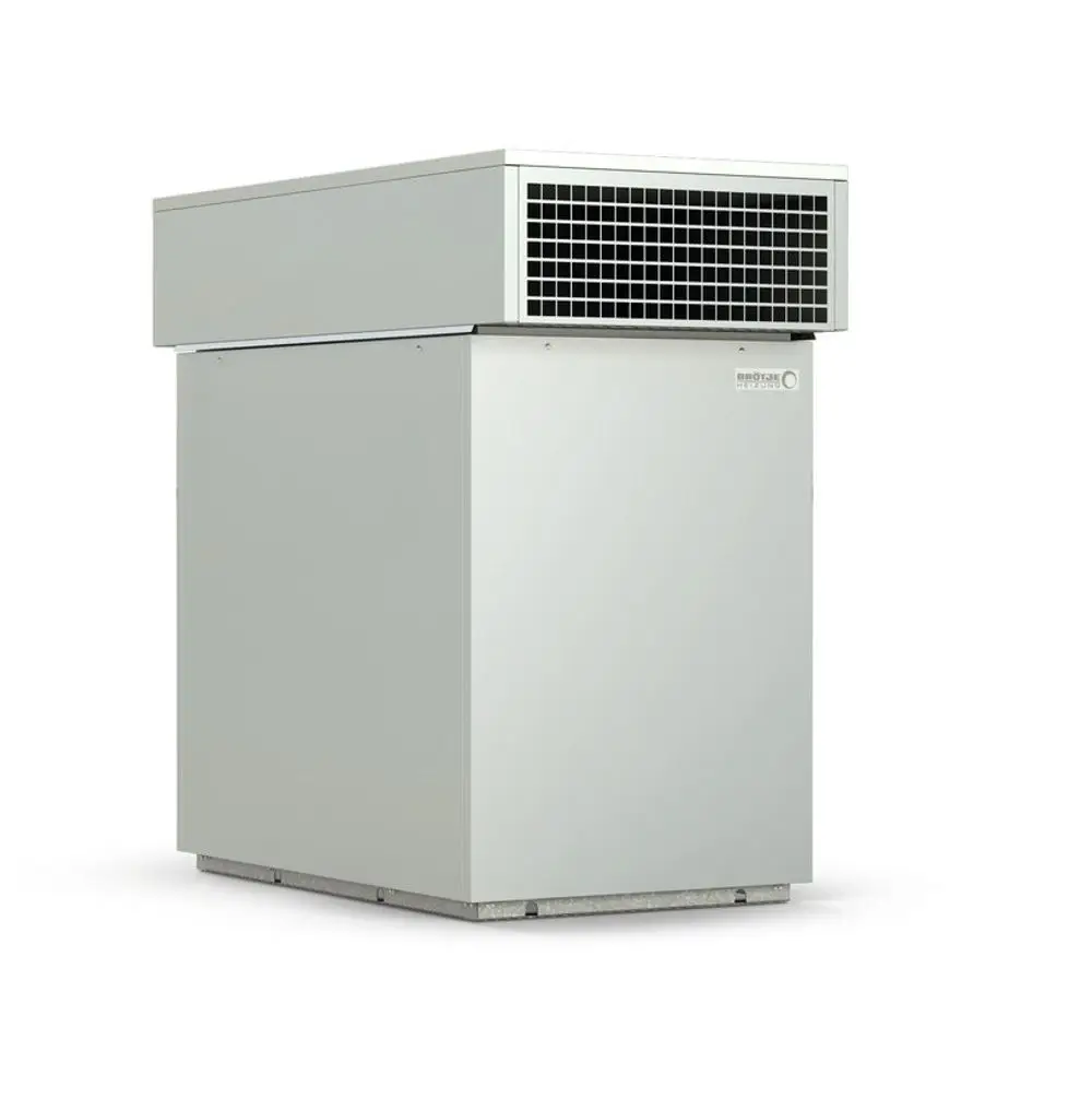 Wärmepumpe in aufrechter Form mit einem grauen Gehäuse und einem Gitter an der Vorderseite. Produkt von Brötje, geeignet für die Außenaufstellung.