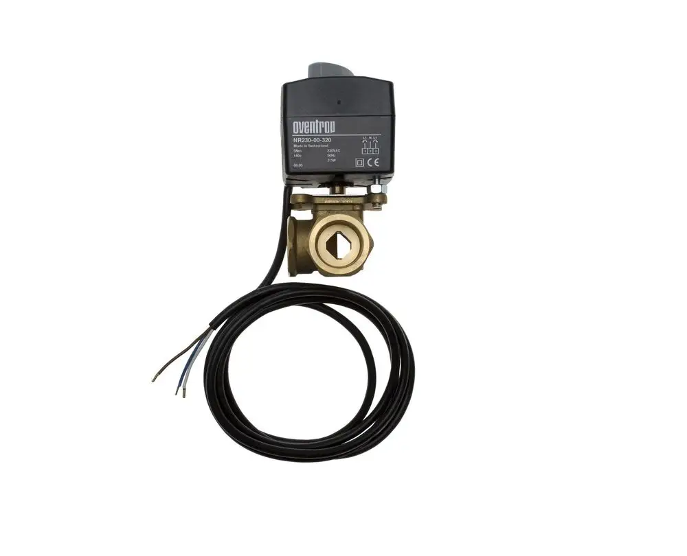 Brötje Mischventil mit elektrischem Antrieb, verbundenen Leitungen und einer Messingbasis. Design für Heizsysteme zur Regelung von Wärmefluss.