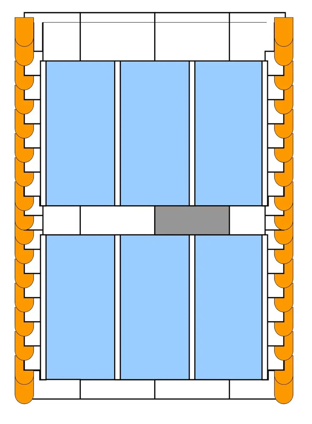 Brötje Blecheinfassung mit mehreren horizontalen blauen Elemente. In der Mitte befindet sich ein grauer Bereich. Der Rahmen ist in orange gehalten.