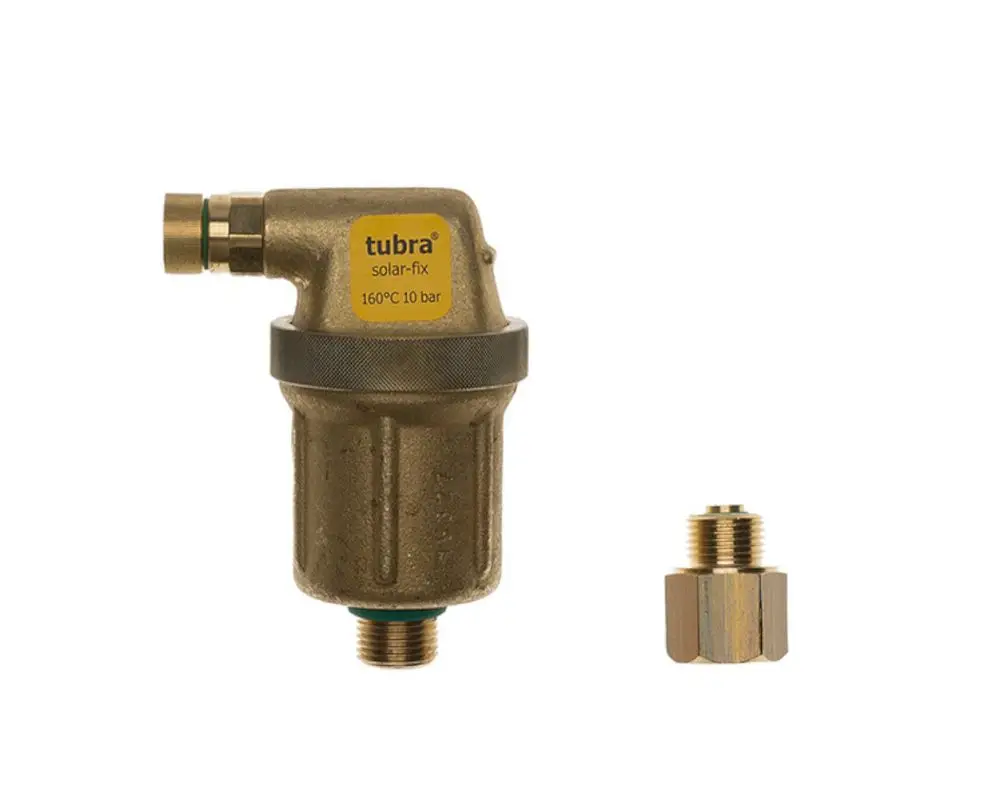 Brötje Präzisionsentlüfter in Metall, mit rundem Gehäuse und seitlichem Anschluss. Rechts ein gewindeförmiger Adapter aus Messing.