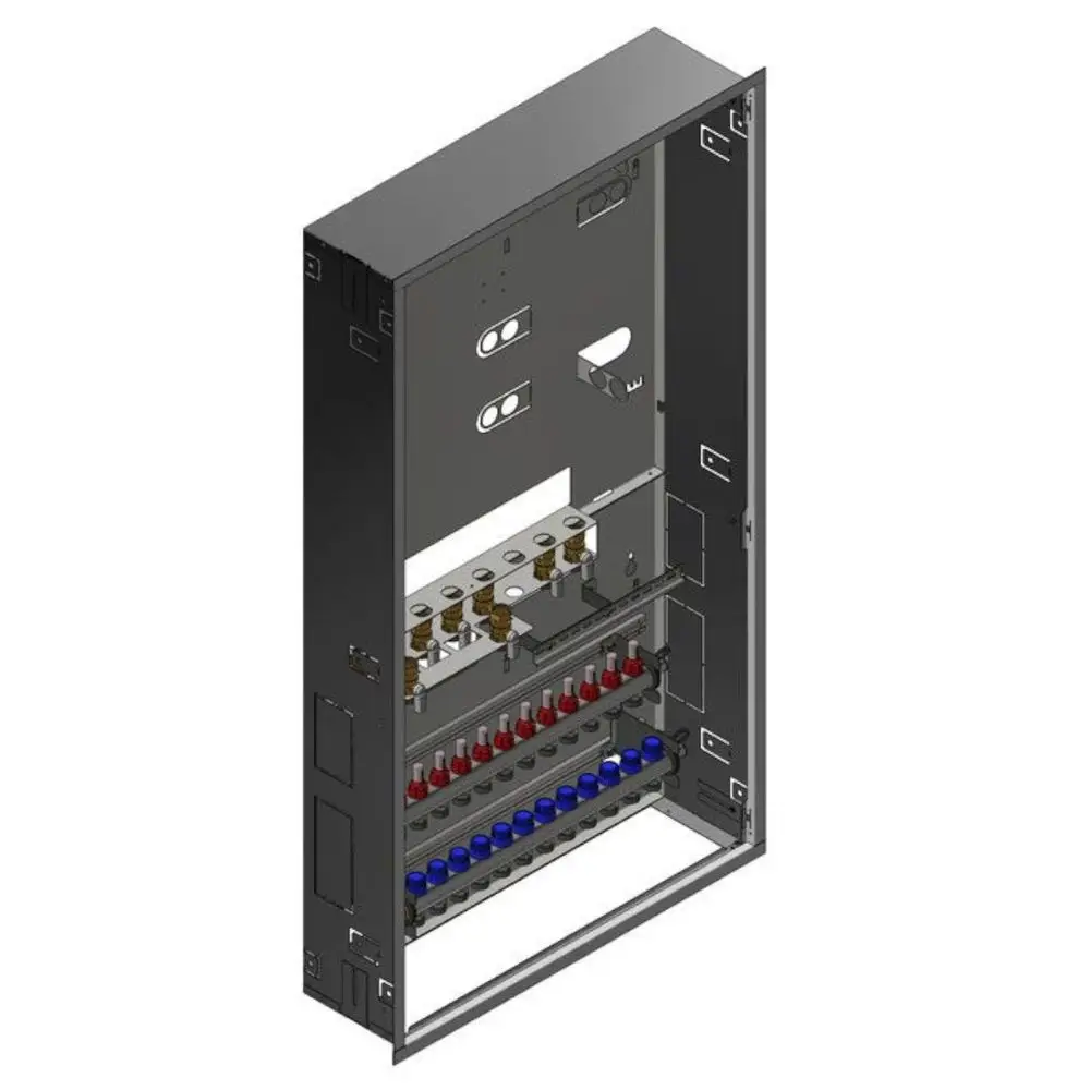 Produktbild: Viessmann Unterputz-Gehäuse lang für Therm T, 7315774. Metallgehäuse mit Installationen, darunter rote und blaue Ventile, in isometrischer Ansicht.
