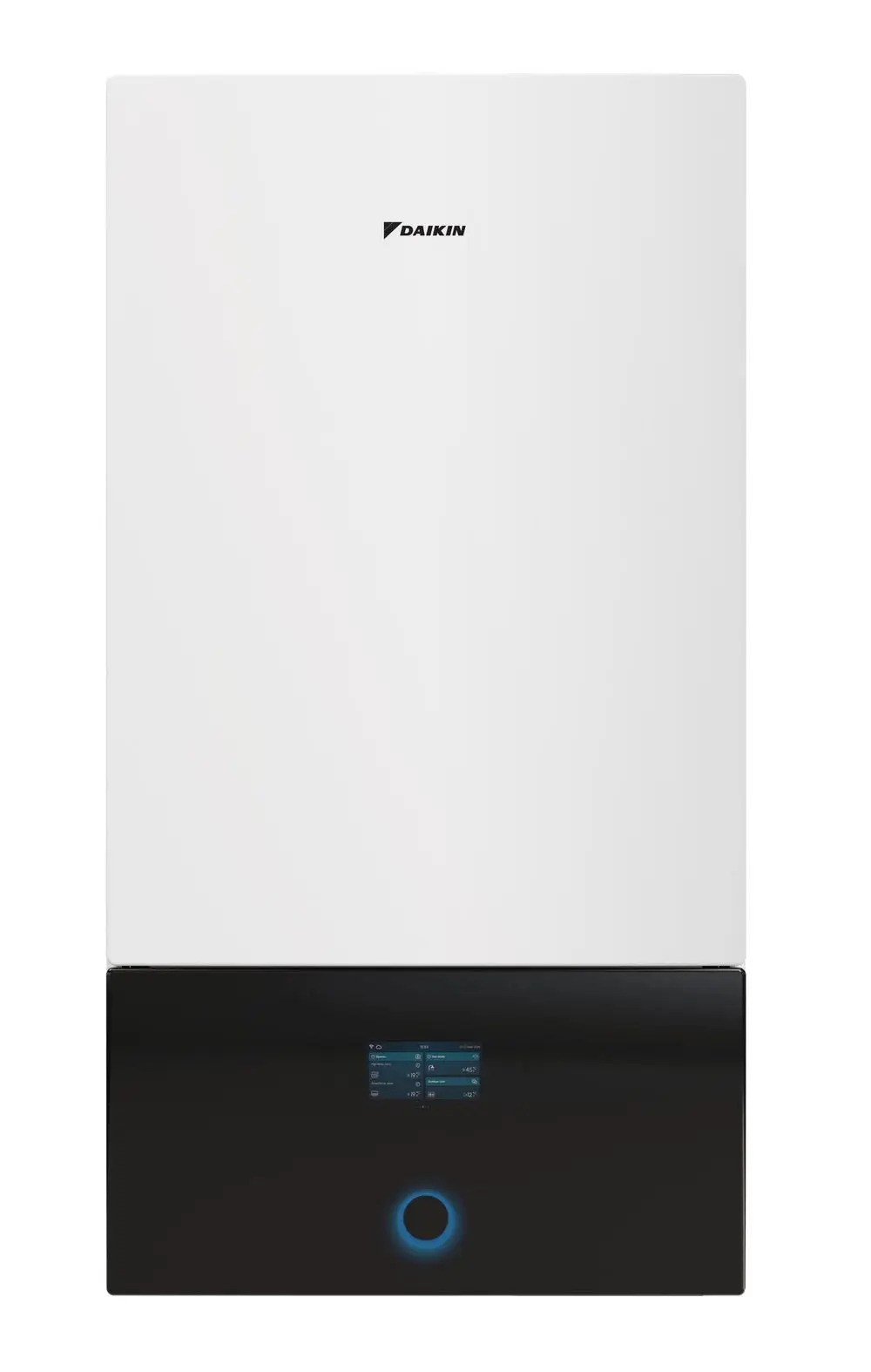 Weißes Wandgerät von Daikin mit digitalem Display und blauer Hintergrundbeleuchtung, geeignet zur Heizungs- und Kühlungsanwendung.