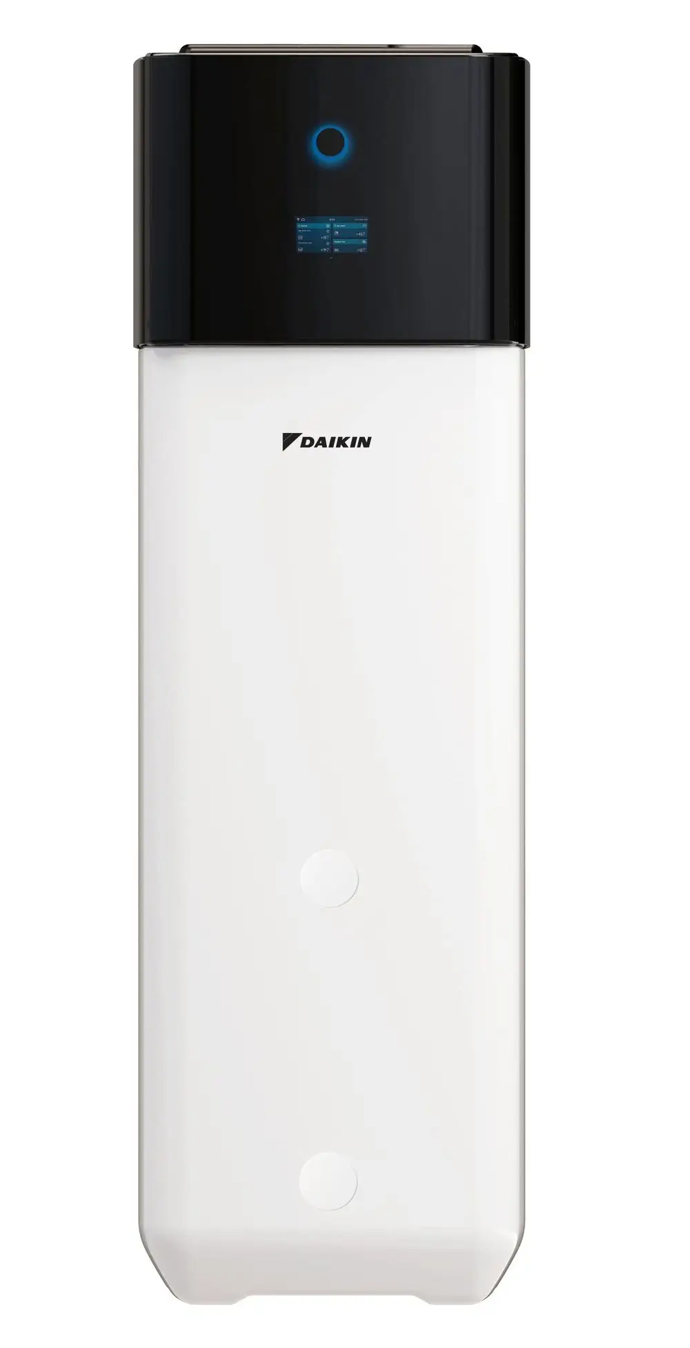 Weißer Heizwasserspeicher mit digitalem Display und schwarzem oberem Bereich, gekennzeichnet mit dem Daikin-Logo, zur Installation in Heizsystemen.