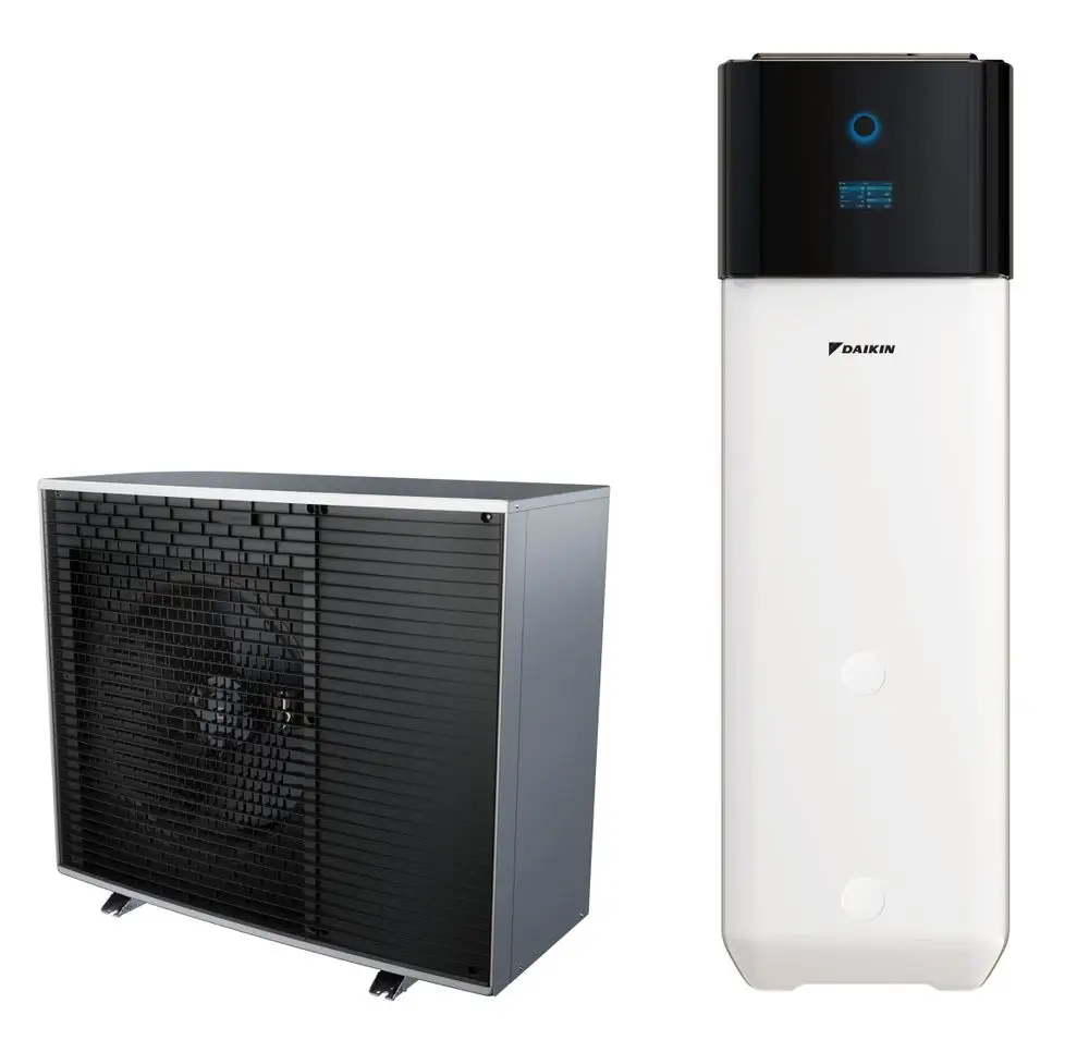 Zwei Einheiten einer Daikin-Wärmepumpe: links ein Außengerät mit Lüftergitter, rechts ein vertikales, weißes Innengerät mit digitalem Display und markantem Design.