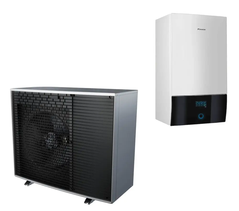 Daikin Wärmepumpe mit Außeneinheit und integrierter Heizstab-Einheit. Die Außeneinheit hat ein Gitterdesign und ist in grauer Farbe gehalten.