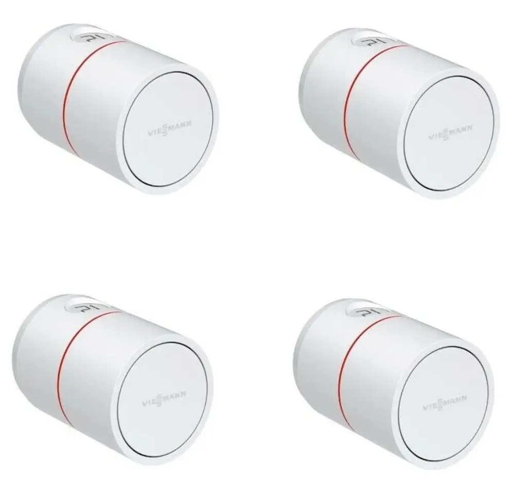 Vier weiße Viessmann Erweiterungs-Pakete Radiator M mit rotem Akzent auf weißem Hintergrund.