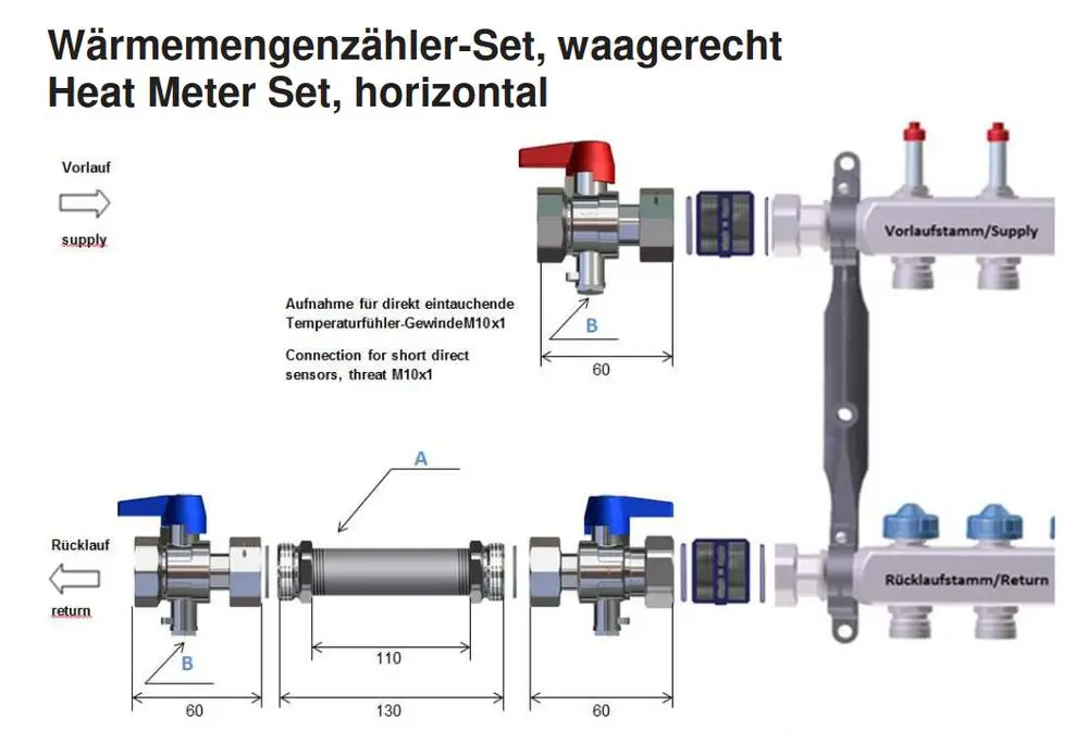 Produktbild: Viessmann Wärmemengenzähler Anschlussset waagrecht, 7438470. Details: horizontal, Vorlauf/Rücklauf, Maße.