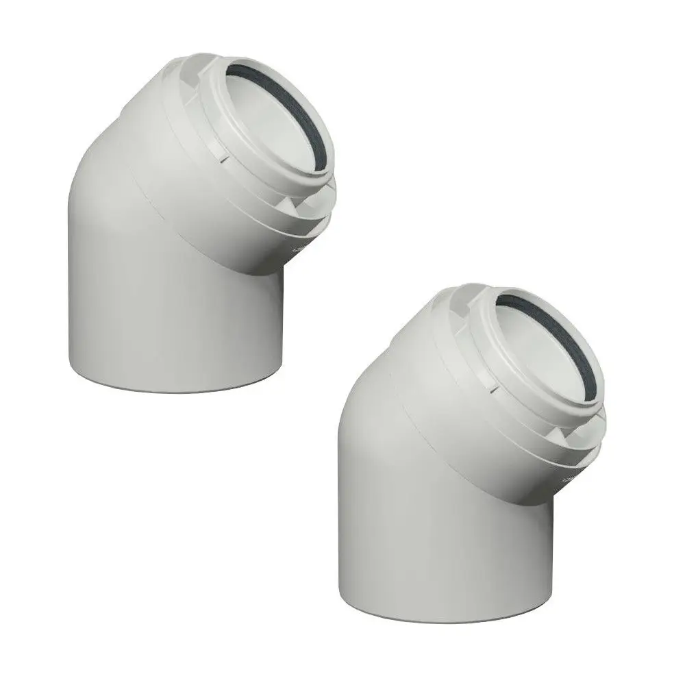 Zwei Viessmann AZ-Bögen 45° D=60/100, weiße Kunststoffrohrwinkel.