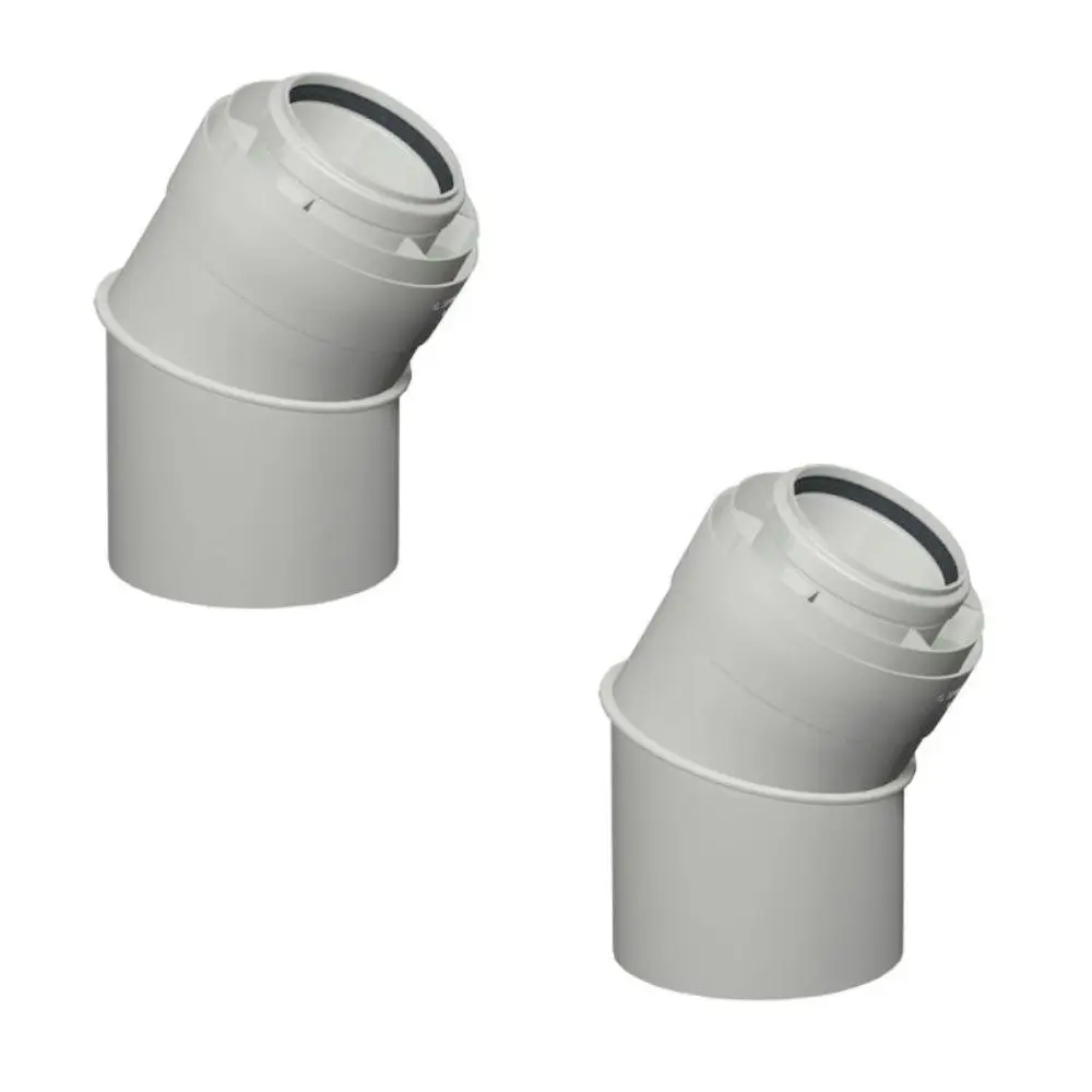 Produktbild: Viessmann AZ-Bogen 30° D80/125 (2 Stück), ZK01291. Zwei weiße, abgewinkelte Rohrverbinder mit schwarzem Dichtungsgummi.