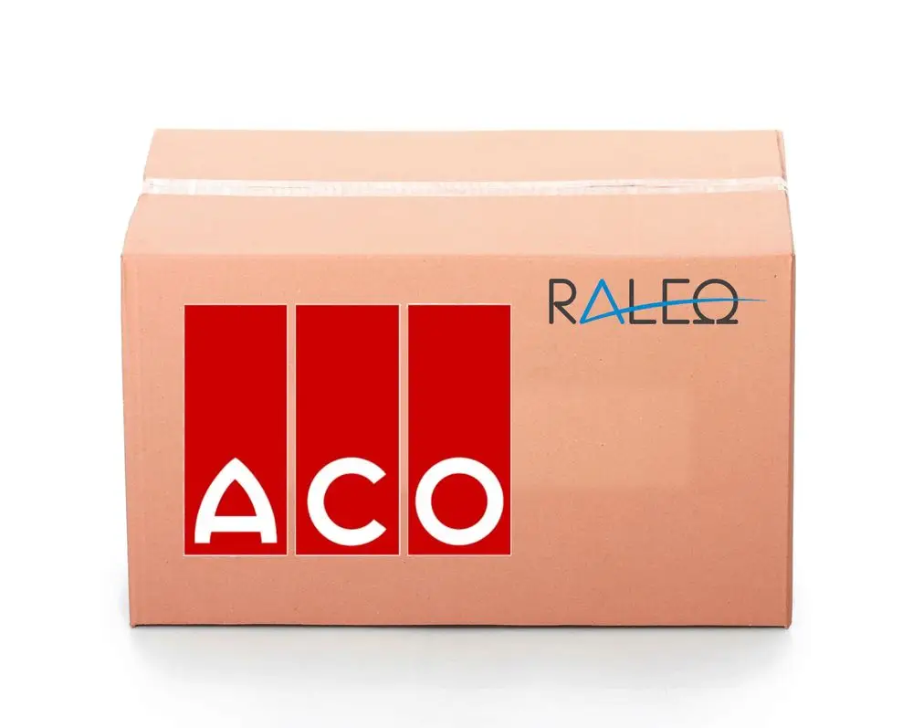 Ein brauner Karton mit den Logos "ACO" und "RALEO".