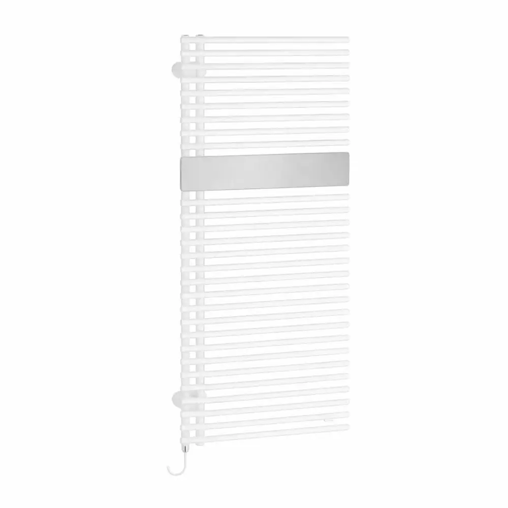 Weißer Kermi Credo Half round Elektroheizkörper mit Glassilber-Akzent, 1805 mm x 600 mm.