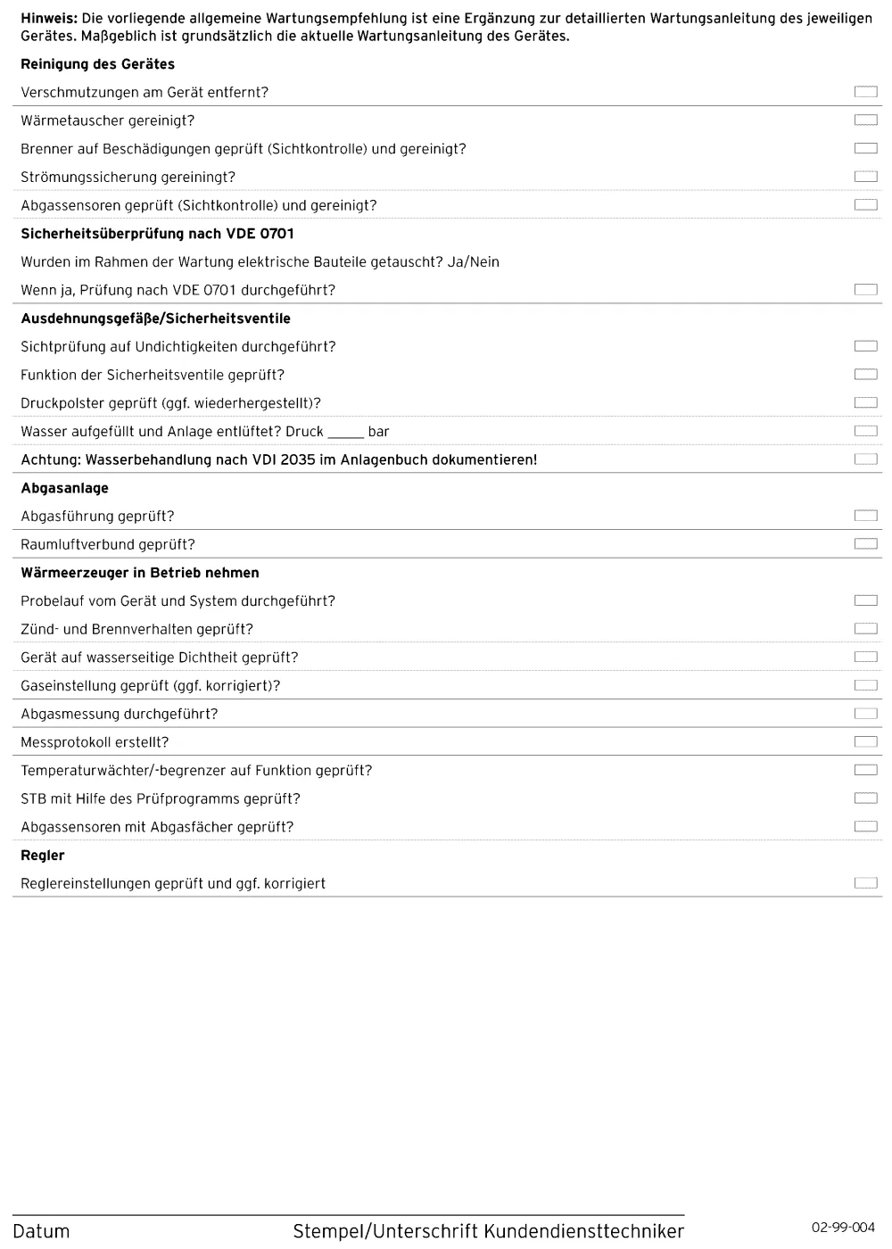 Wartungsempfehlung